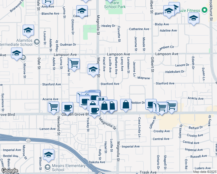 map of restaurants, bars, coffee shops, grocery stores, and more near 12781 Lucille Avenue in Garden Grove