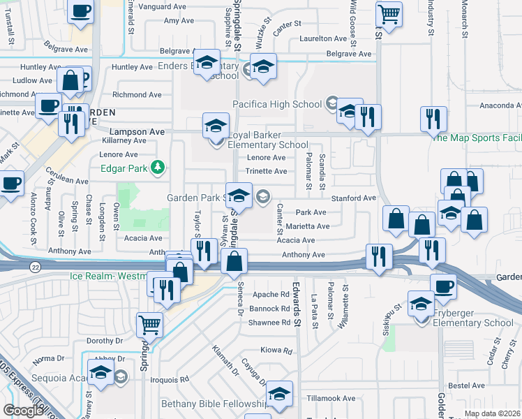 map of restaurants, bars, coffee shops, grocery stores, and more near 6562 Stanford Avenue in Garden Grove