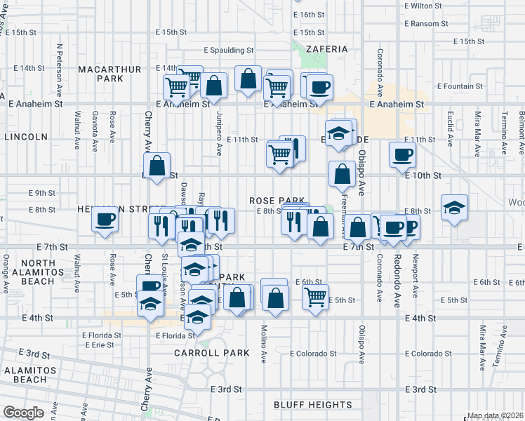 map of restaurants, bars, coffee shops, grocery stores, and more near 790 Molino Avenue in Long Beach