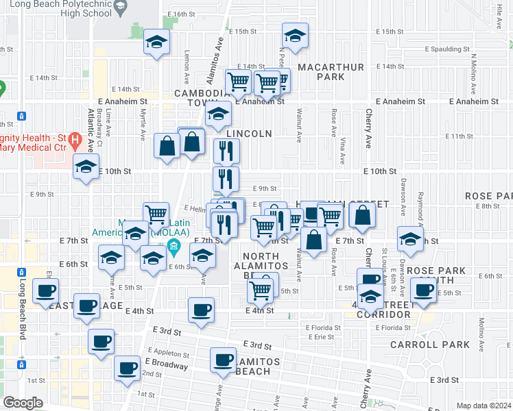 map of restaurants, bars, coffee shops, grocery stores, and more near 1336 East 8th Street in Long Beach