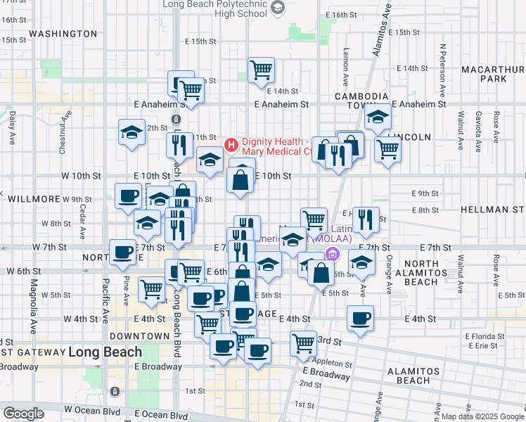 map of restaurants, bars, coffee shops, grocery stores, and more near 820 Lime Avenue in Long Beach
