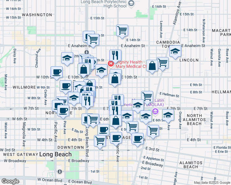 map of restaurants, bars, coffee shops, grocery stores, and more near 831 Atlantic Avenue in Long Beach