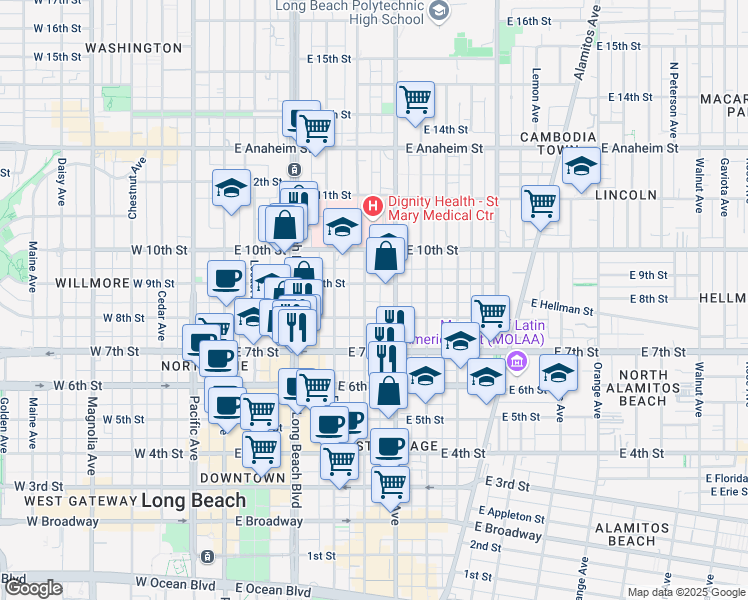 map of restaurants, bars, coffee shops, grocery stores, and more near in Long Beach