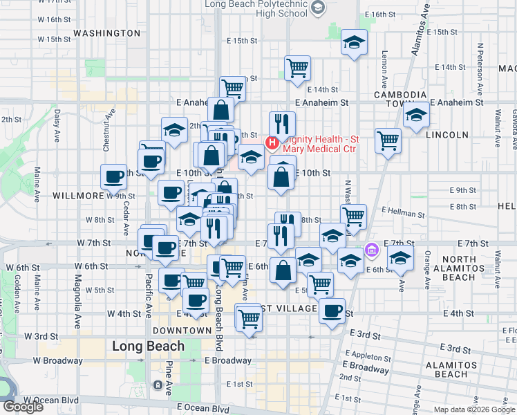 map of restaurants, bars, coffee shops, grocery stores, and more near in Long Beach
