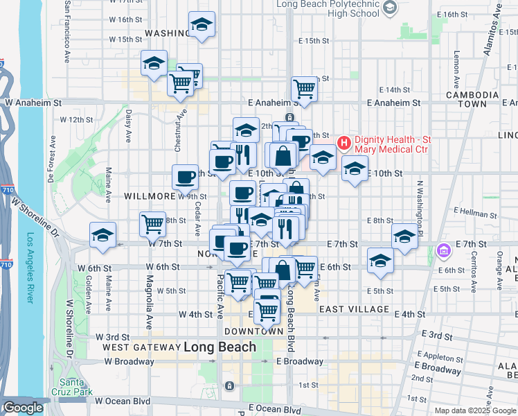 map of restaurants, bars, coffee shops, grocery stores, and more near 835 Locust Avenue in Long Beach
