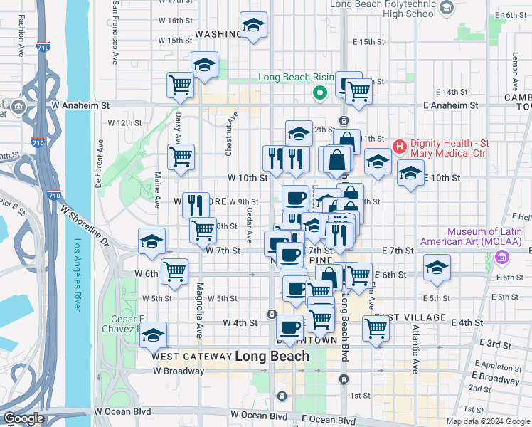 map of restaurants, bars, coffee shops, grocery stores, and more near 823 Pacific Avenue in Long Beach