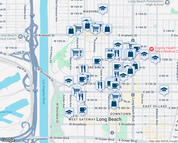 map of restaurants, bars, coffee shops, grocery stores, and more near 429 West 8th Street in Long Beach