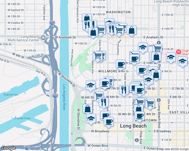 map of restaurants, bars, coffee shops, grocery stores, and more near 824 Nylic Court in Long Beach