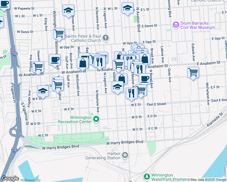 map of restaurants, bars, coffee shops, grocery stores, and more near 329 West F Street in Los Angeles