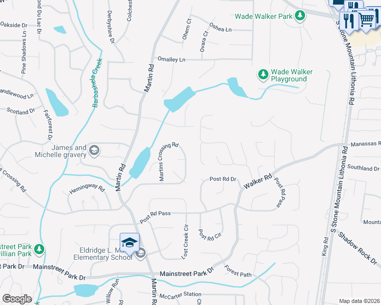 map of restaurants, bars, coffee shops, grocery stores, and more near 5361 Martins Crossing Road in Stone Mountain
