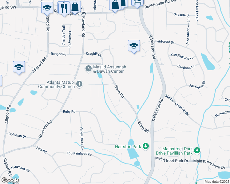 map of restaurants, bars, coffee shops, grocery stores, and more near 4745 Elam Forest Drive in Stone Mountain