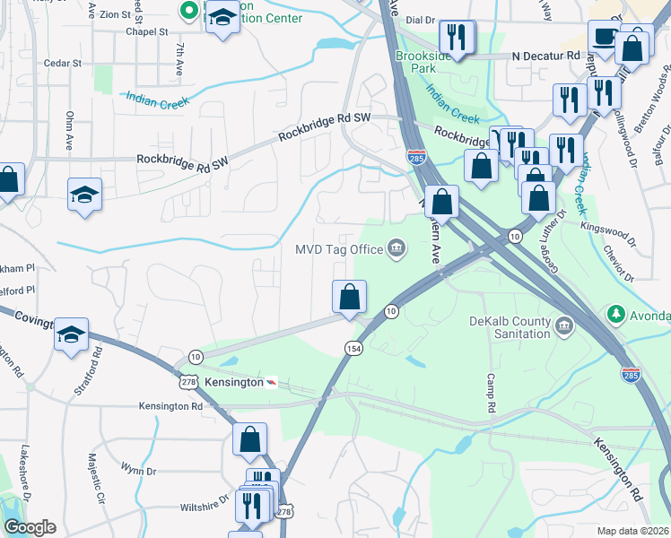 map of restaurants, bars, coffee shops, grocery stores, and more near 3458 Mountain Drive in Decatur