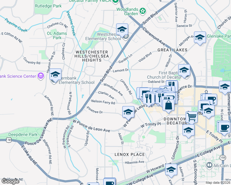 map of restaurants, bars, coffee shops, grocery stores, and more near 154 Woodlawn Avenue in Decatur