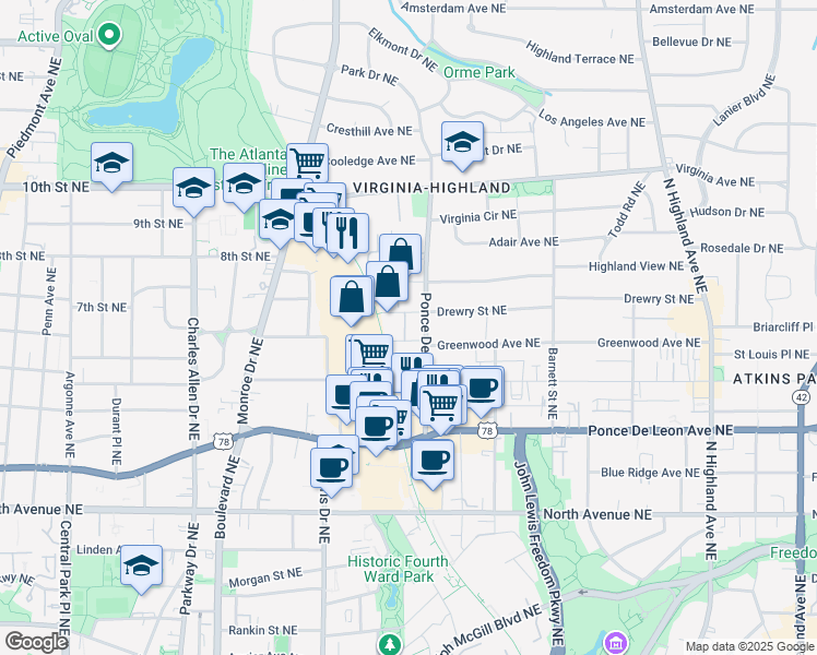 map of restaurants, bars, coffee shops, grocery stores, and more near 805 Highland Green Way Northeast in Atlanta