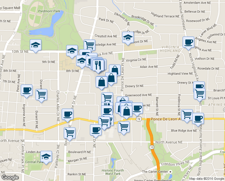 map of restaurants, bars, coffee shops, grocery stores, and more near 805 Highland Green Way Northeast in Atlanta