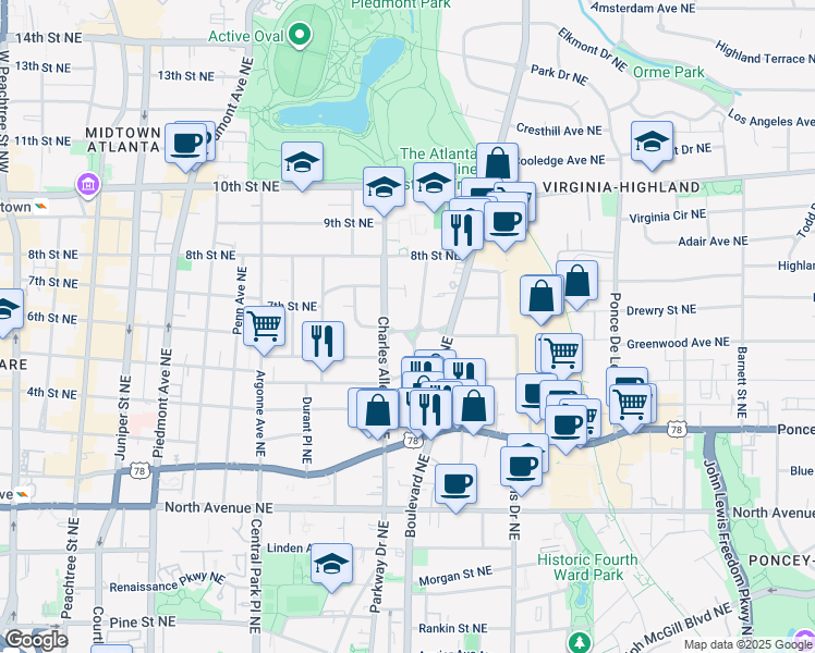 map of restaurants, bars, coffee shops, grocery stores, and more near 453 Greenwood Avenue Northeast in Atlanta