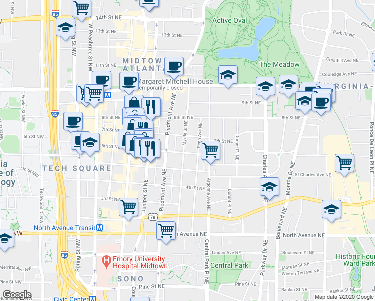 map of restaurants, bars, coffee shops, grocery stores, and more near 815 Myrtle Street Northeast in Atlanta