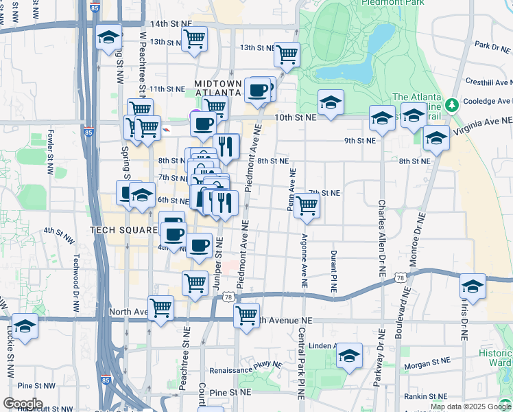 map of restaurants, bars, coffee shops, grocery stores, and more near 208 6th Street Northeast in Atlanta