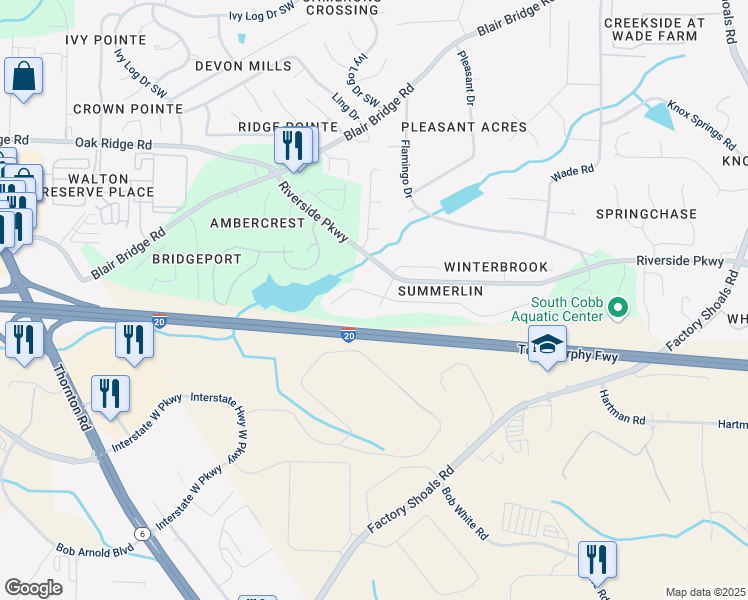 map of restaurants, bars, coffee shops, grocery stores, and more near 1237 Summerstone Trace in Austell