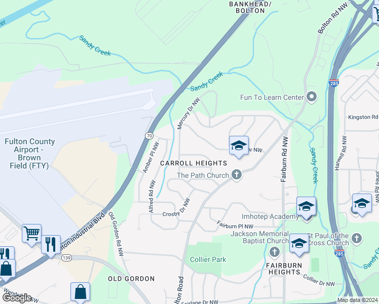 map of restaurants, bars, coffee shops, grocery stores, and more near 3687 Saturn Drive Northwest in Atlanta