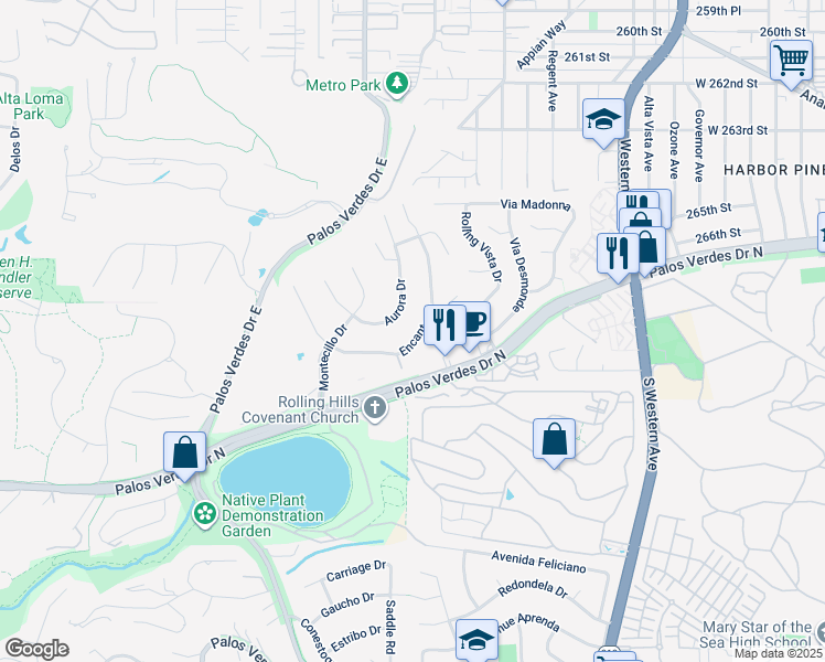 map of restaurants, bars, coffee shops, grocery stores, and more near 25 Encanto Drive in Rolling Hills Estates