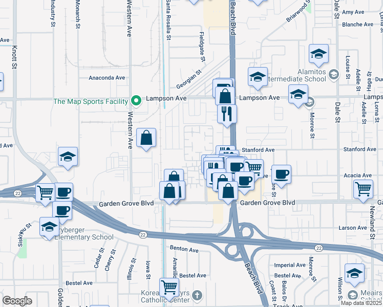 map of restaurants, bars, coffee shops, grocery stores, and more near 7720 Riverdale Way in Stanton