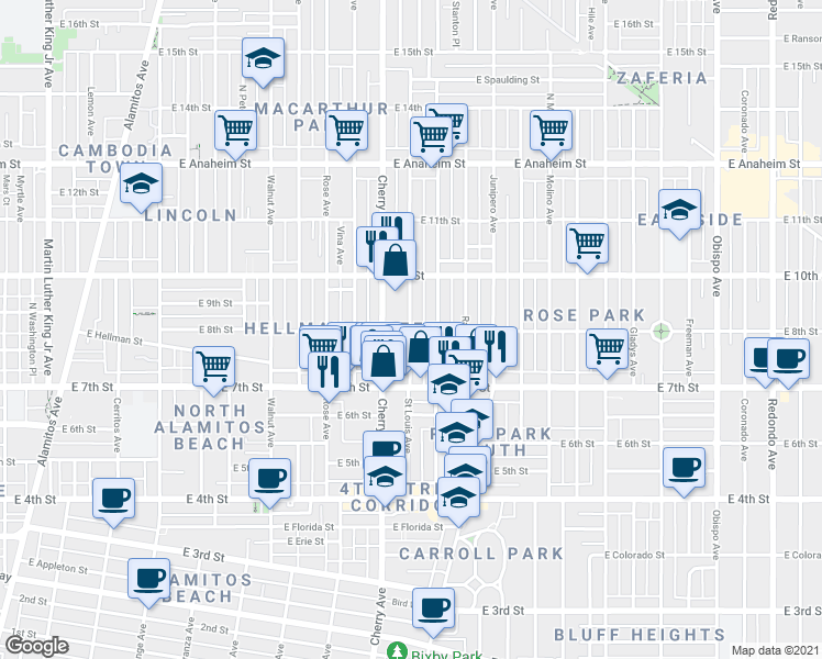 map of restaurants, bars, coffee shops, grocery stores, and more near 801 St Louis Ave in Long Beach