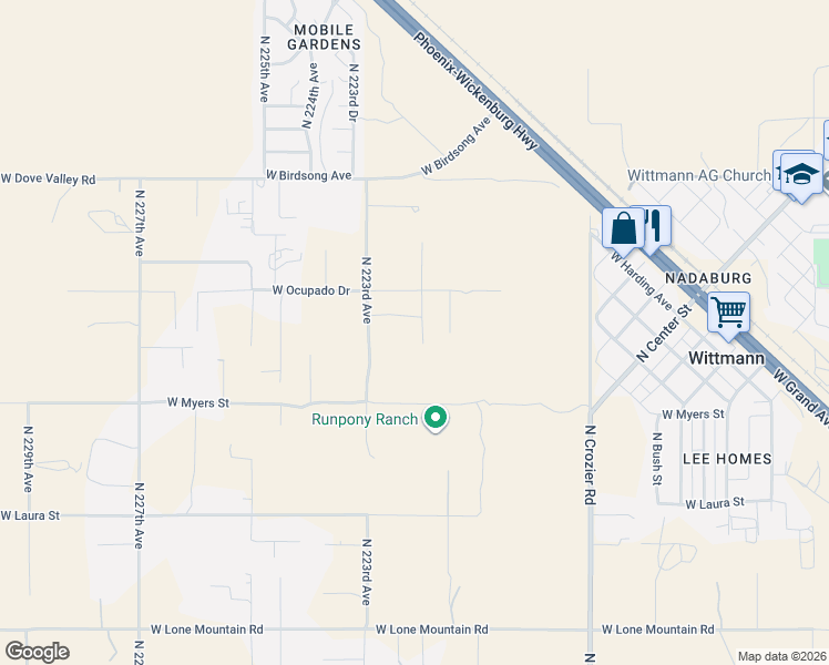 map of restaurants, bars, coffee shops, grocery stores, and more near 32419 North 222nd Avenue in Wittmann