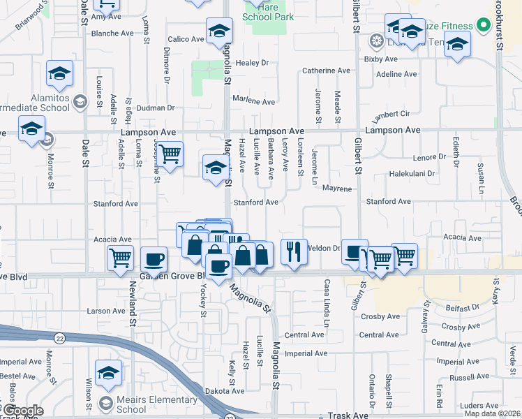 map of restaurants, bars, coffee shops, grocery stores, and more near 12781 Lucille Avenue in Garden Grove