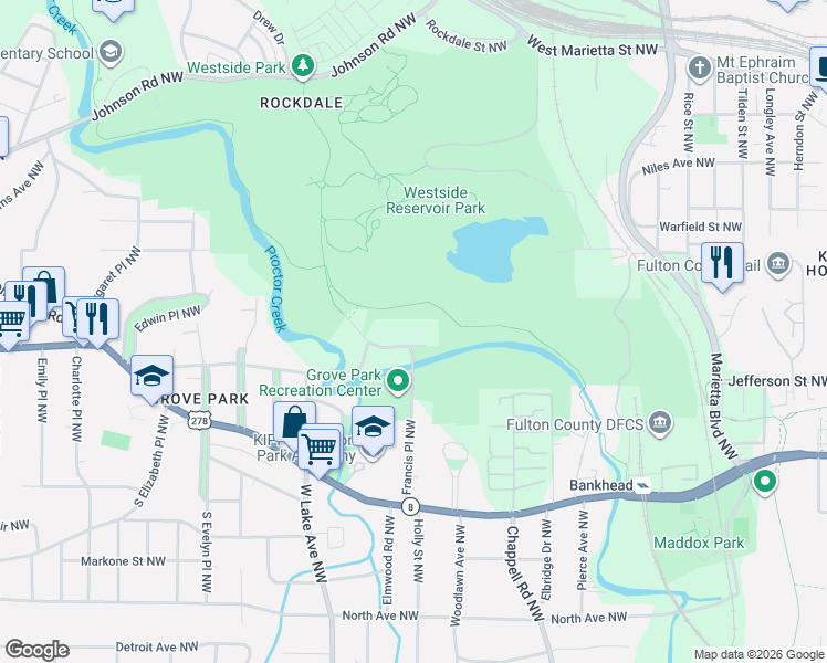 map of restaurants, bars, coffee shops, grocery stores, and more near 11 Grove Park Place Northwest in Atlanta