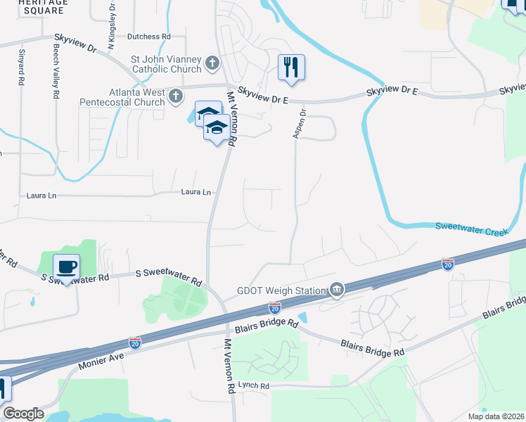 map of restaurants, bars, coffee shops, grocery stores, and more near 7290 Fawn Lane in Lithia Springs