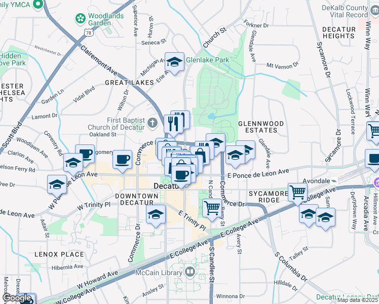 map of restaurants, bars, coffee shops, grocery stores, and more near 547 Church Street in Decatur
