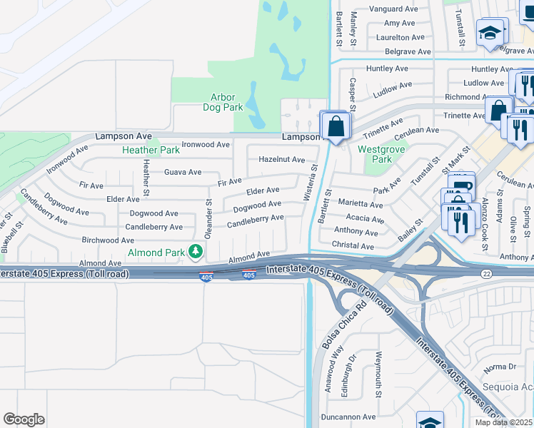 map of restaurants, bars, coffee shops, grocery stores, and more near 4801 Candleberry Avenue in Seal Beach