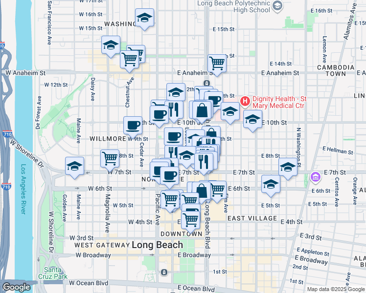 map of restaurants, bars, coffee shops, grocery stores, and more near 835 Locust Avenue in Long Beach