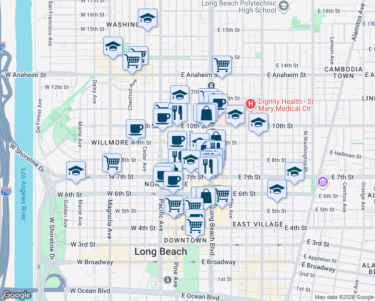 map of restaurants, bars, coffee shops, grocery stores, and more near 835 Locust Avenue in Long Beach
