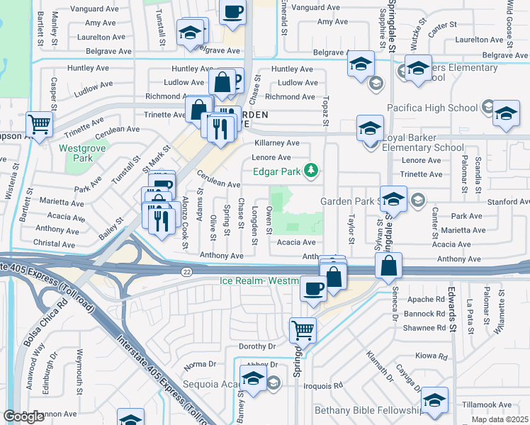 map of restaurants, bars, coffee shops, grocery stores, and more near 12781 Owen Street in Garden Grove