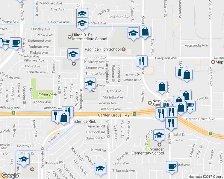 map of restaurants, bars, coffee shops, grocery stores, and more near 6731 Park Avenue in Garden Grove