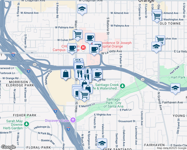 map of restaurants, bars, coffee shops, grocery stores, and more near 1111 West Town and Country Road in Orange