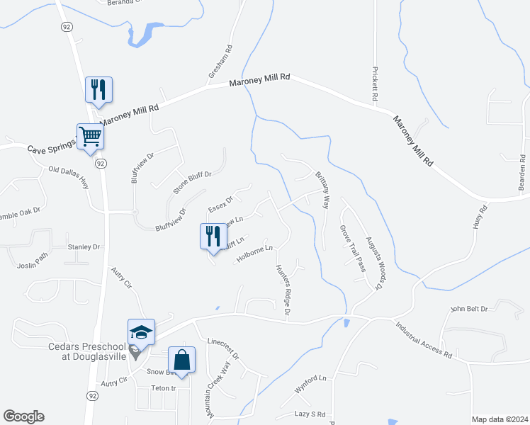 map of restaurants, bars, coffee shops, grocery stores, and more near 7348 Earls Court in Douglasville