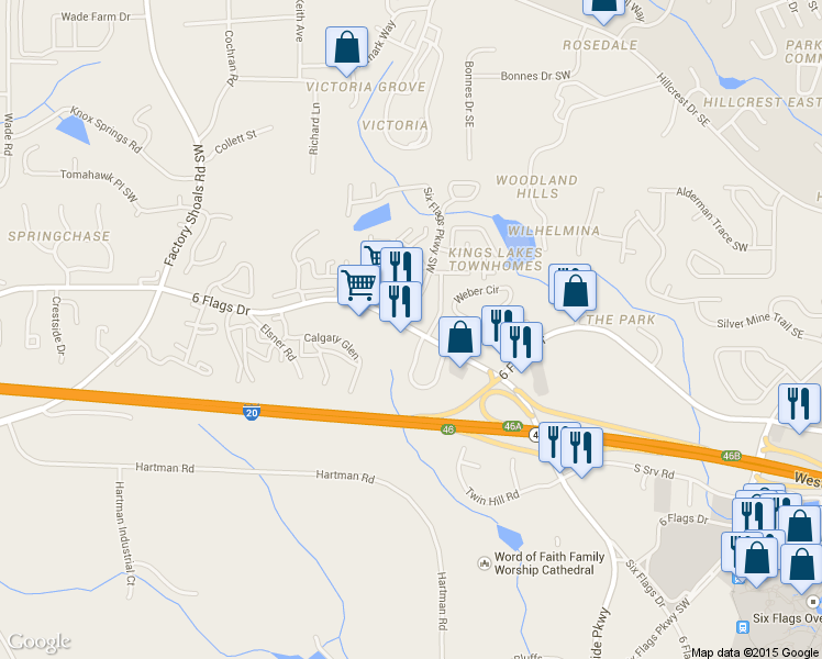 map of restaurants, bars, coffee shops, grocery stores, and more near 385 6 Flags Drive in Austell