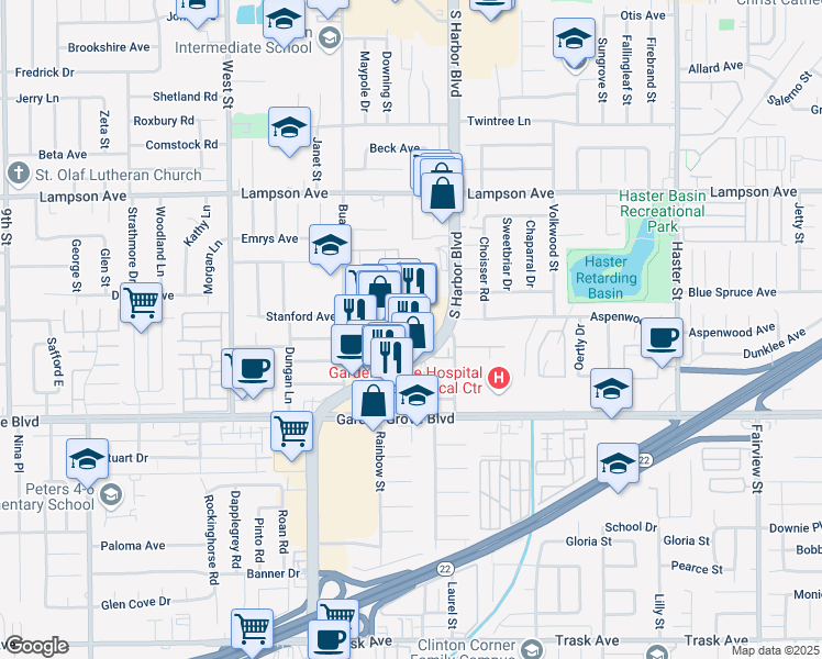 map of restaurants, bars, coffee shops, grocery stores, and more near 12771 Harbor Boulevard in Garden Grove