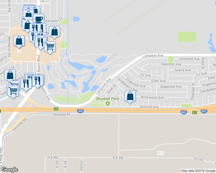 map of restaurants, bars, coffee shops, grocery stores, and more near 300 Old Ranch Road in Seal Beach