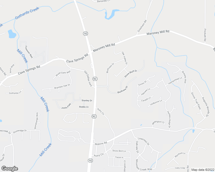 map of restaurants, bars, coffee shops, grocery stores, and more near 6602 Bluffview Drive in Douglasville