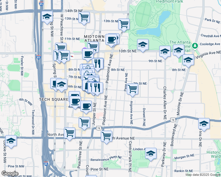map of restaurants, bars, coffee shops, grocery stores, and more near 208 6th Street Northeast in Atlanta