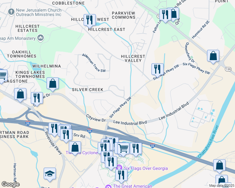 map of restaurants, bars, coffee shops, grocery stores, and more near 145 Silver Mine Trail Southeast in Austell