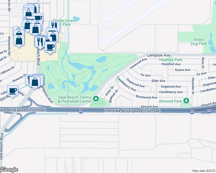 map of restaurants, bars, coffee shops, grocery stores, and more near 270 Old Ranch Road in Seal Beach