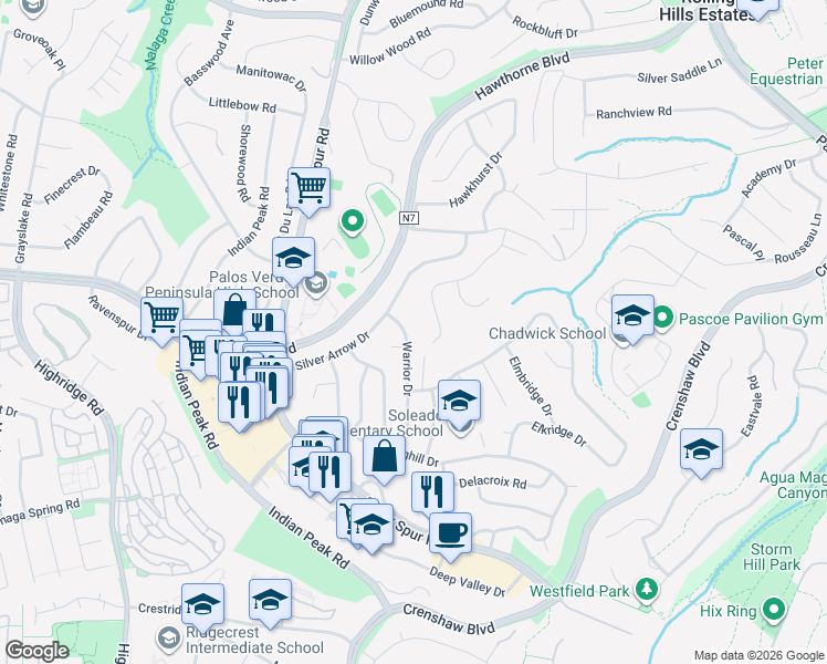 map of restaurants, bars, coffee shops, grocery stores, and more near 27322 Warrior Drive in Rancho Palos Verdes