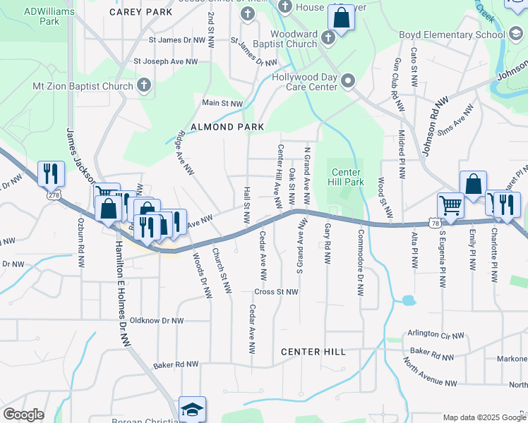 map of restaurants, bars, coffee shops, grocery stores, and more near 2451 Donald Lee Hollowell Parkway Northwest in Atlanta