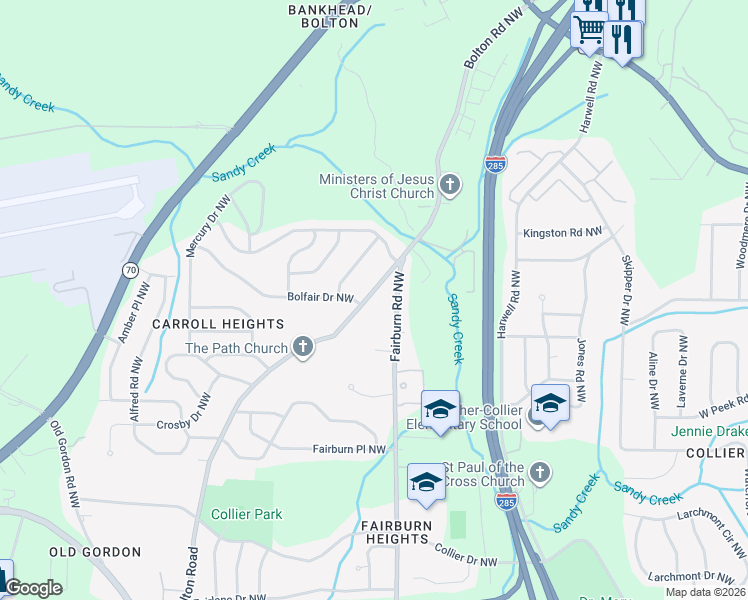 map of restaurants, bars, coffee shops, grocery stores, and more near 801 Bolton Road Northwest in Atlanta