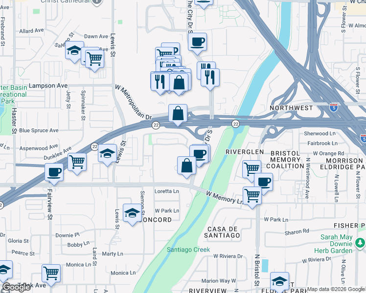 map of restaurants, bars, coffee shops, grocery stores, and more near 3518 West Park Central Avenue in Orange